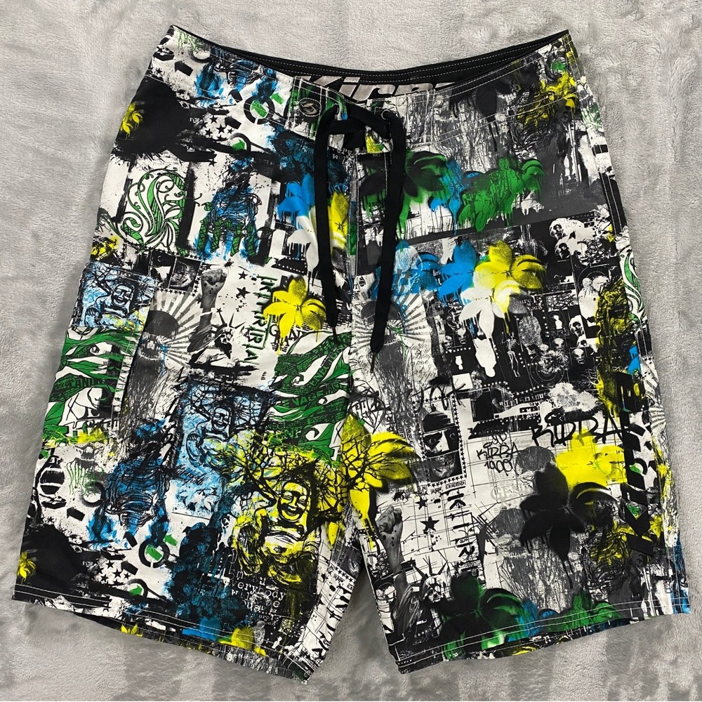 Kirra Surf Wear Graffiti Skull Buddha Boardshorts Mens 34 Multicolor Y2K RN90233